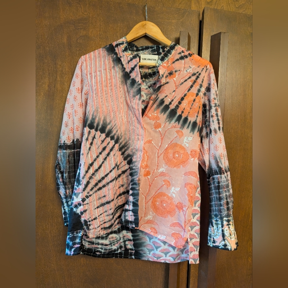 Women's Artistic Pink and Black Button Down Shirt v.de.vinster Tie Dye